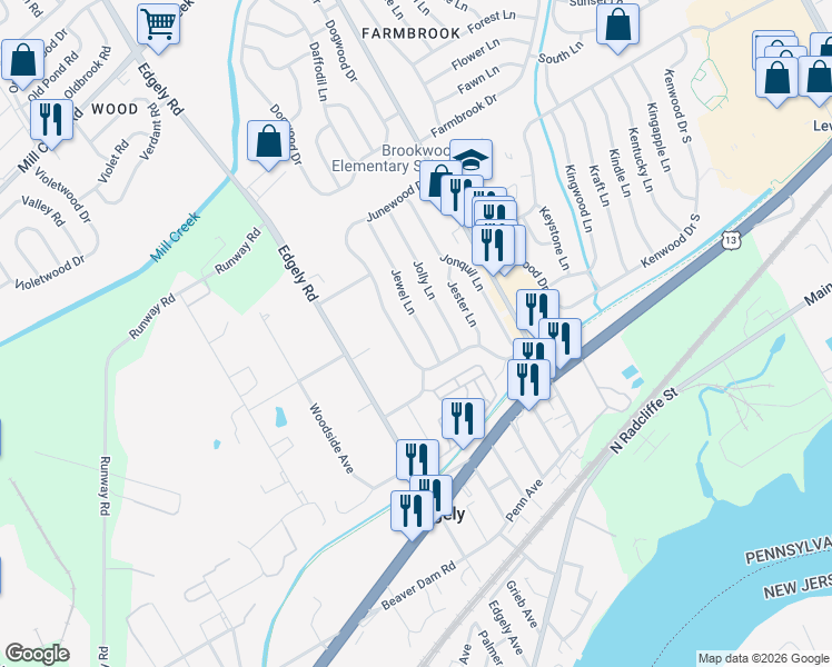 map of restaurants, bars, coffee shops, grocery stores, and more near 17 Jewel Lane in Levittown