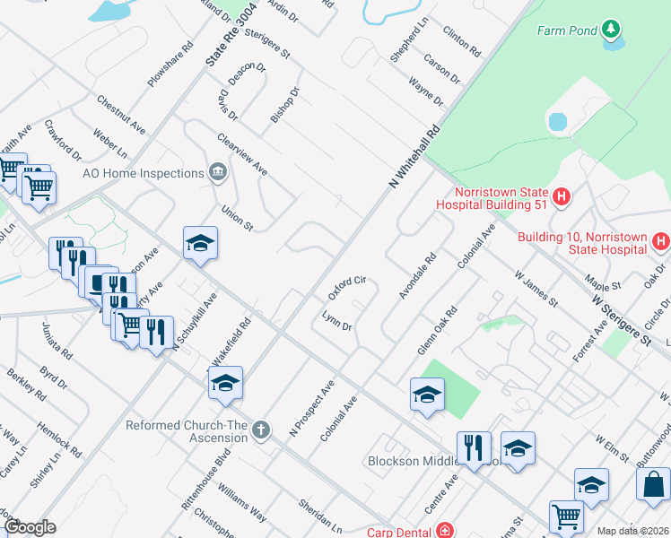 map of restaurants, bars, coffee shops, grocery stores, and more near 135 North Whitehall Road in Eagleville