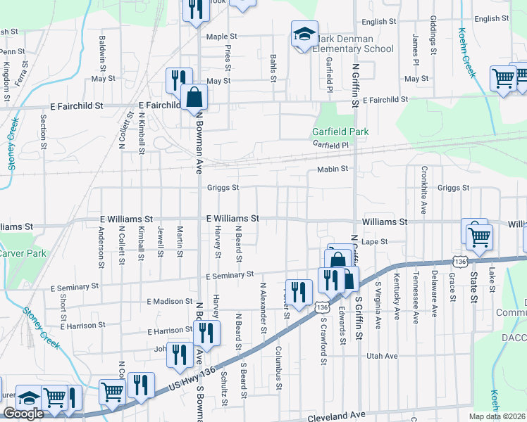 map of restaurants, bars, coffee shops, grocery stores, and more near 1009 East Williams Street in Danville