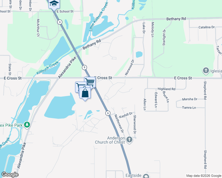 map of restaurants, bars, coffee shops, grocery stores, and more near 1804 North Cross Lakes Circle in Anderson