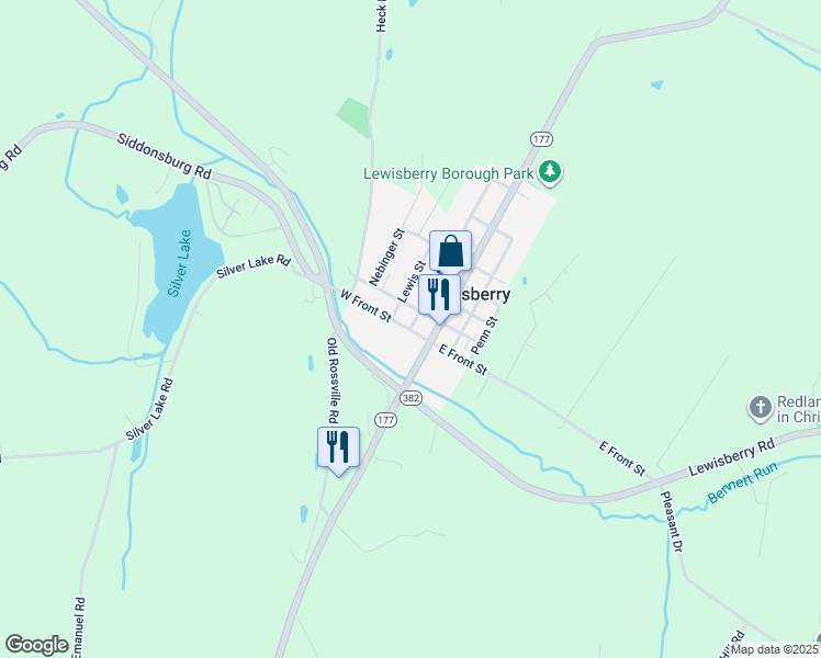 map of restaurants, bars, coffee shops, grocery stores, and more near 195 West Front Street in Lewisberry
