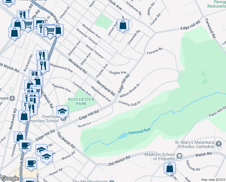 map of restaurants, bars, coffee shops, grocery stores, and more near 523 East Moreland Road in Willow Grove