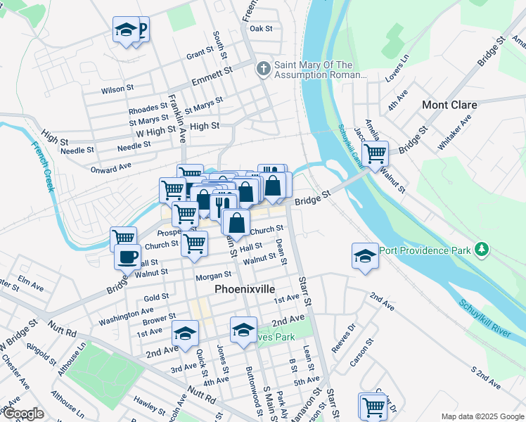 map of restaurants, bars, coffee shops, grocery stores, and more near 134 Bridge Street in Phoenixville