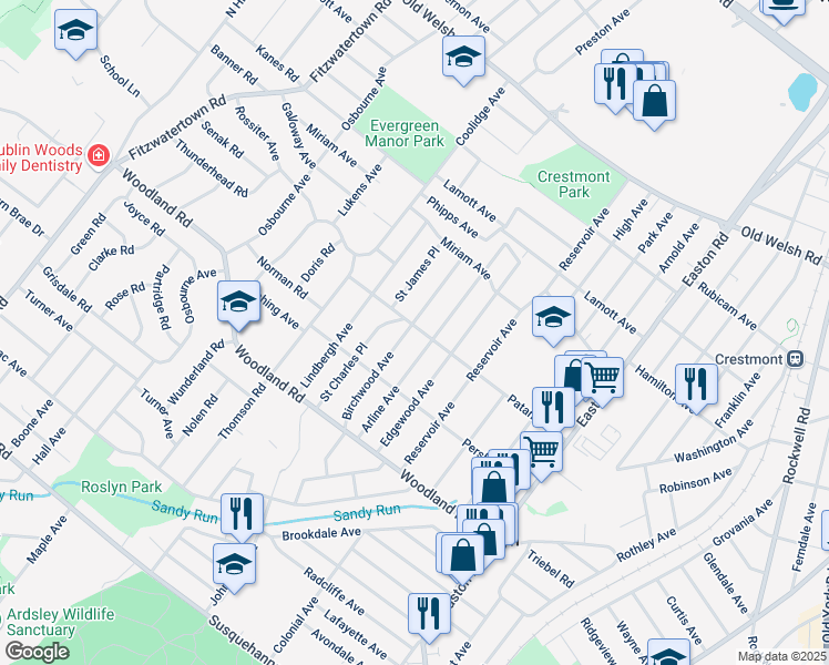 map of restaurants, bars, coffee shops, grocery stores, and more near 1447 Birchwood Avenue in Abington