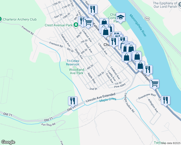 map of restaurants, bars, coffee shops, grocery stores, and more near 317 Shady Avenue in Charleroi