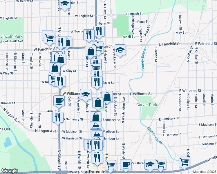 map of restaurants, bars, coffee shops, grocery stores, and more near 509 North Hazel Street in Danville