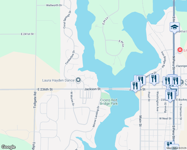 map of restaurants, bars, coffee shops, grocery stores, and more near 40 Bluewater Drive in Cicero