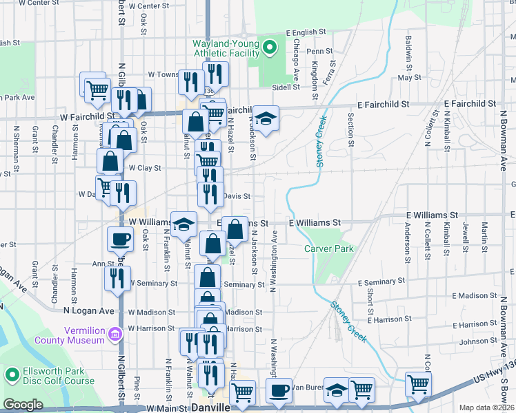 map of restaurants, bars, coffee shops, grocery stores, and more near 519 North Jackson Street in Danville
