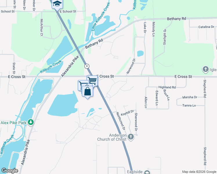 map of restaurants, bars, coffee shops, grocery stores, and more near 1804 North Cross Lakes Circle in Anderson