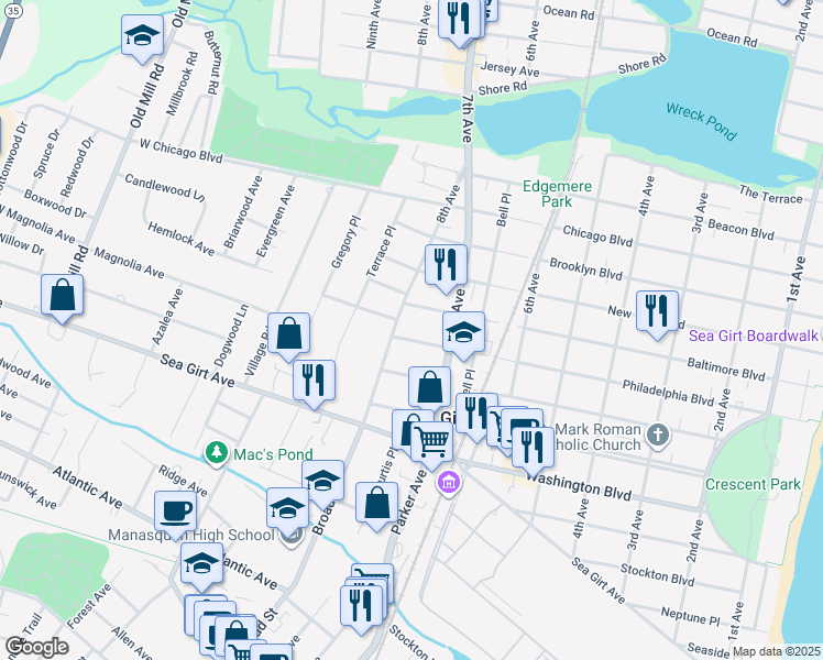 map of restaurants, bars, coffee shops, grocery stores, and more near 715 Philadelphia Boulevard in Sea Girt