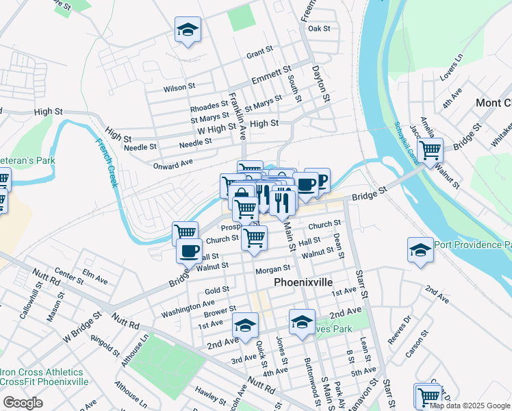 map of restaurants, bars, coffee shops, grocery stores, and more near 227 Bridge Street in Phoenixville
