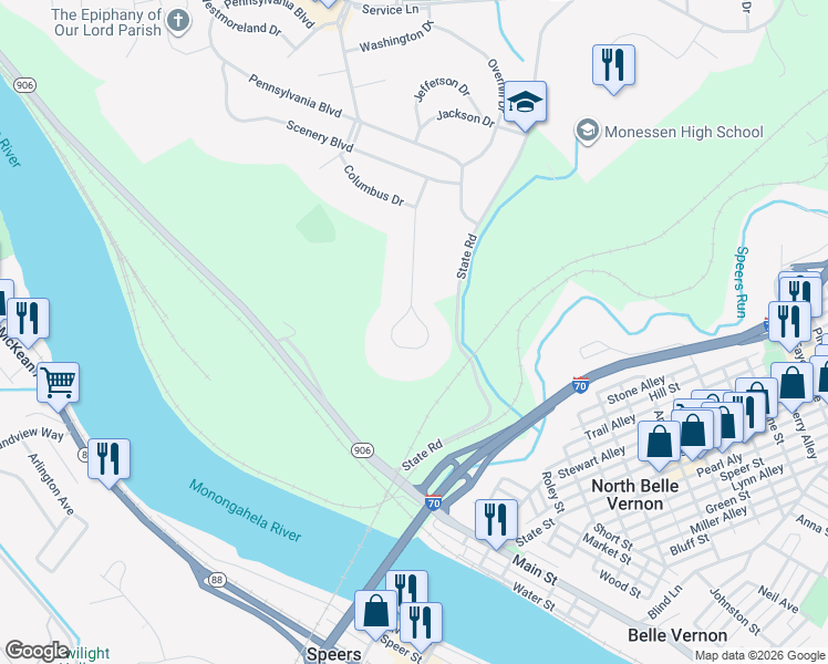 map of restaurants, bars, coffee shops, grocery stores, and more near 88 Pacific Boulevard in Monessen