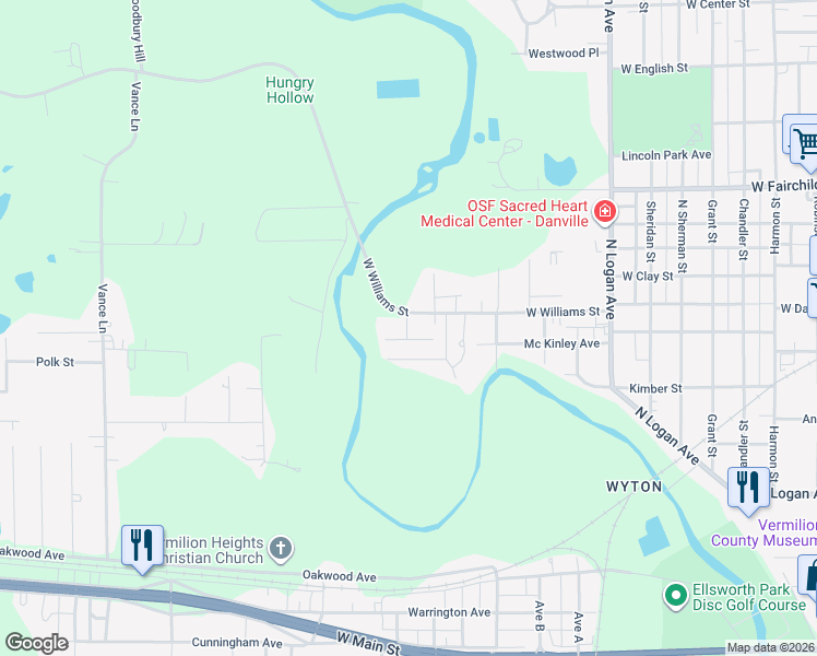 map of restaurants, bars, coffee shops, grocery stores, and more near 1400-1502 West Williams Street in Danville