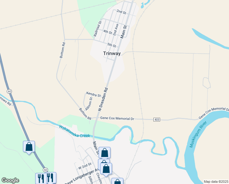 map of restaurants, bars, coffee shops, grocery stores, and more near in Trinway