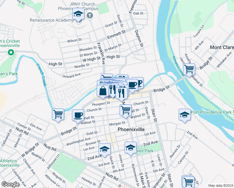 map of restaurants, bars, coffee shops, grocery stores, and more near 215 Bridge Street in Phoenixville