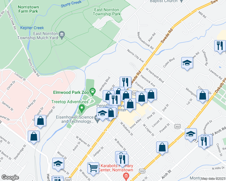 map of restaurants, bars, coffee shops, grocery stores, and more near 1800 Chain Street in Norristown