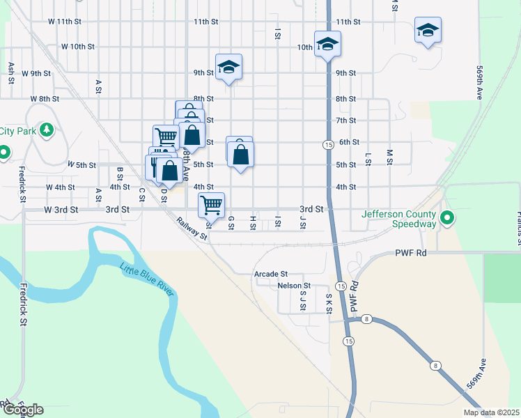 map of restaurants, bars, coffee shops, grocery stores, and more near 828 3rd St in Fairbury