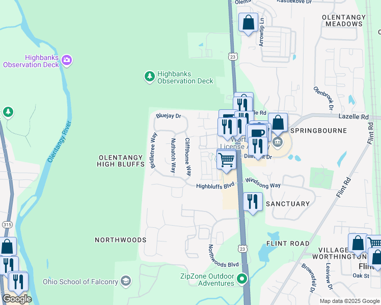 map of restaurants, bars, coffee shops, grocery stores, and more near 8402 Cliffthorne Way in Columbus