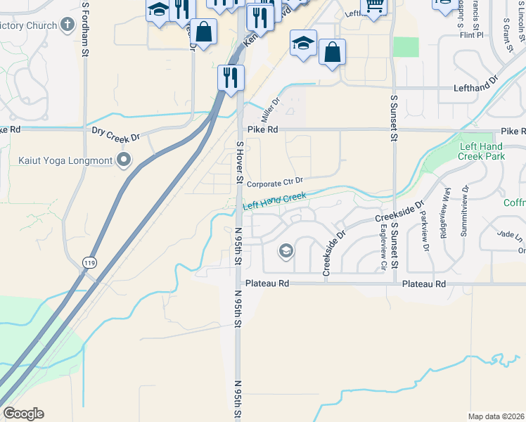 map of restaurants, bars, coffee shops, grocery stores, and more near 2203 Watersong Circle in Longmont
