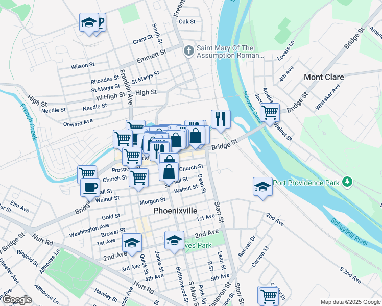 map of restaurants, bars, coffee shops, grocery stores, and more near 101 Bridge Street in Phoenixville