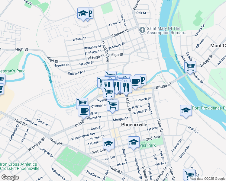 map of restaurants, bars, coffee shops, grocery stores, and more near 227 Bridge Street in Phoenixville