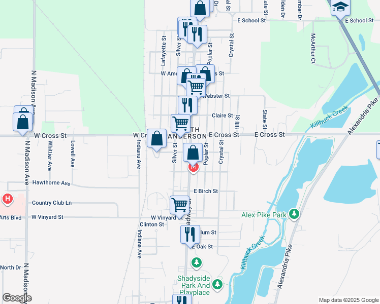 map of restaurants, bars, coffee shops, grocery stores, and more near 1840 Silver Street in Anderson