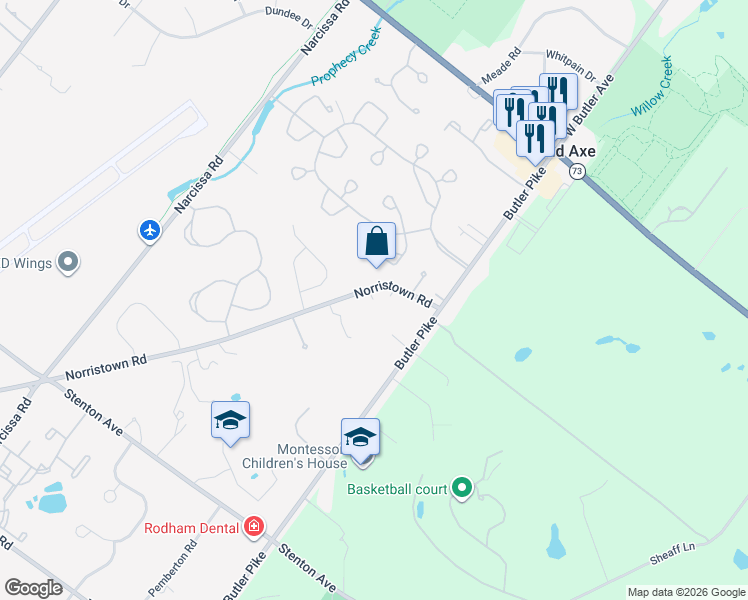 map of restaurants, bars, coffee shops, grocery stores, and more near 46 Norristown Rd in Blue Bell