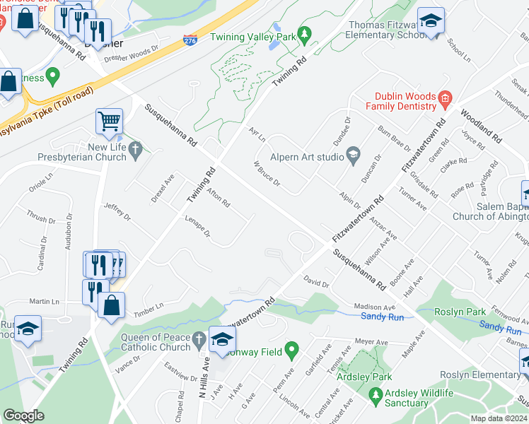 map of restaurants, bars, coffee shops, grocery stores, and more near 3208 Lenape Drive in Dresher