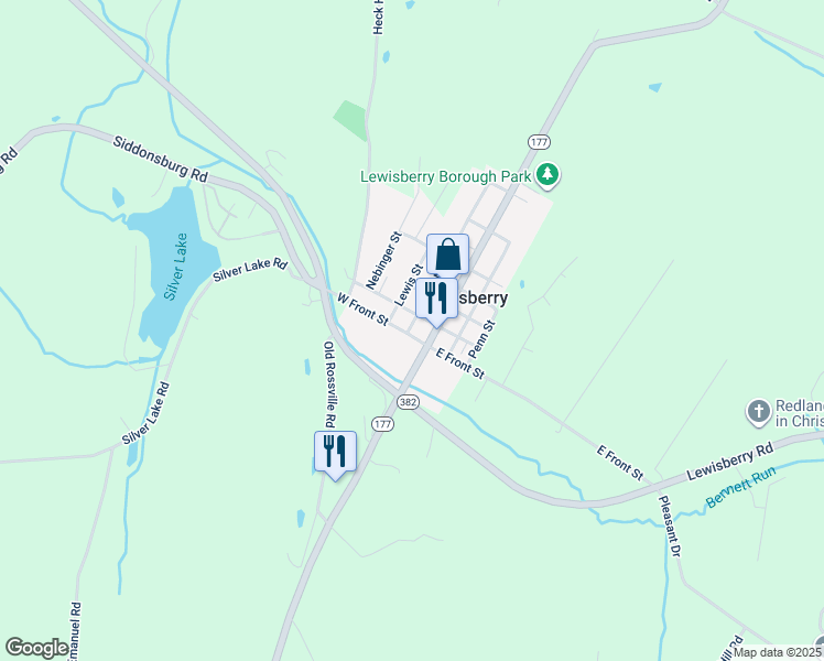 map of restaurants, bars, coffee shops, grocery stores, and more near 107 West Front Street in Lewisberry