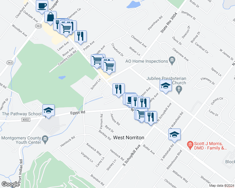 map of restaurants, bars, coffee shops, grocery stores, and more near 2045 West Main Street in Norristown