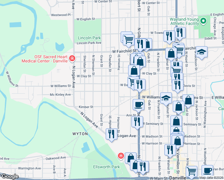 map of restaurants, bars, coffee shops, grocery stores, and more near 601-699 West Williams Street in Danville