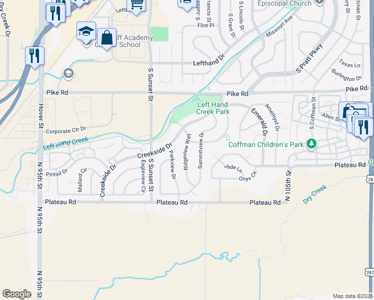 map of restaurants, bars, coffee shops, grocery stores, and more near 2120 Ridgeview Way in Longmont