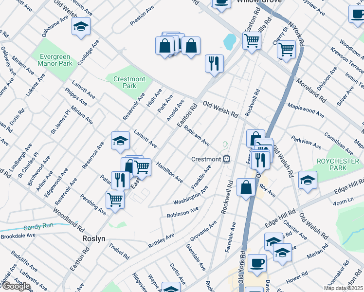 map of restaurants, bars, coffee shops, grocery stores, and more near 1649 Summit Avenue in Willow Grove