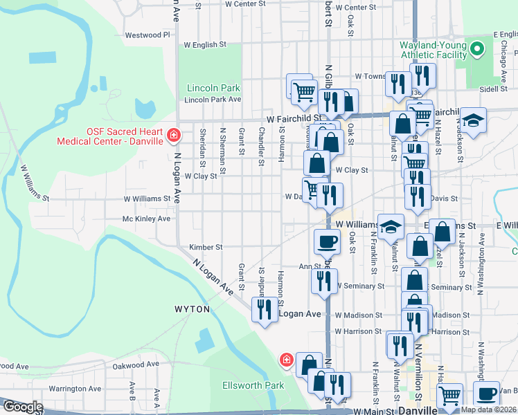 map of restaurants, bars, coffee shops, grocery stores, and more near 701 West Williams Street in Danville