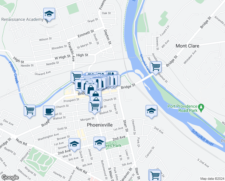 map of restaurants, bars, coffee shops, grocery stores, and more near 120 Bridge Street in Phoenixville