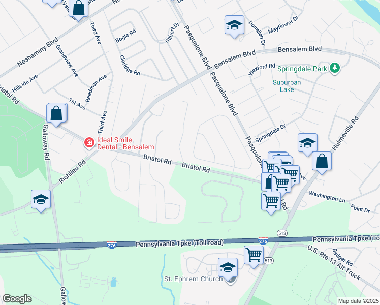 map of restaurants, bars, coffee shops, grocery stores, and more near 4508 Barnsleigh Drive in Bensalem