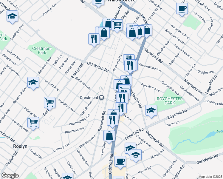 map of restaurants, bars, coffee shops, grocery stores, and more near 1765 Rockwell Road in Abington
