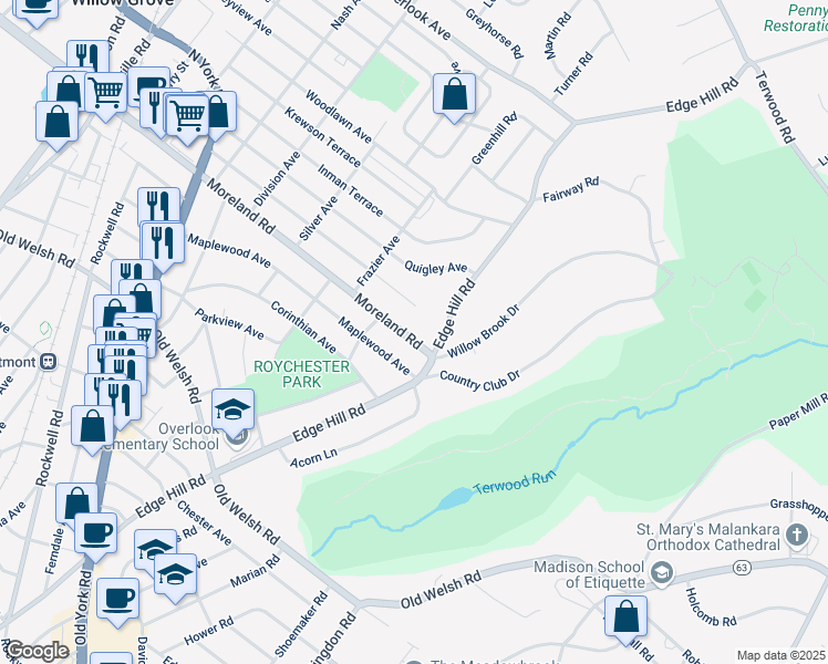map of restaurants, bars, coffee shops, grocery stores, and more near 521 East Moreland Road in Willow Grove