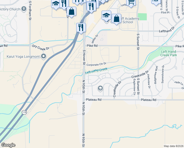 map of restaurants, bars, coffee shops, grocery stores, and more near 2203 Watersong Circle in Longmont