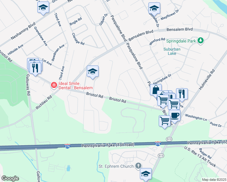 map of restaurants, bars, coffee shops, grocery stores, and more near 4508 Barnsleigh Drive in Bensalem
