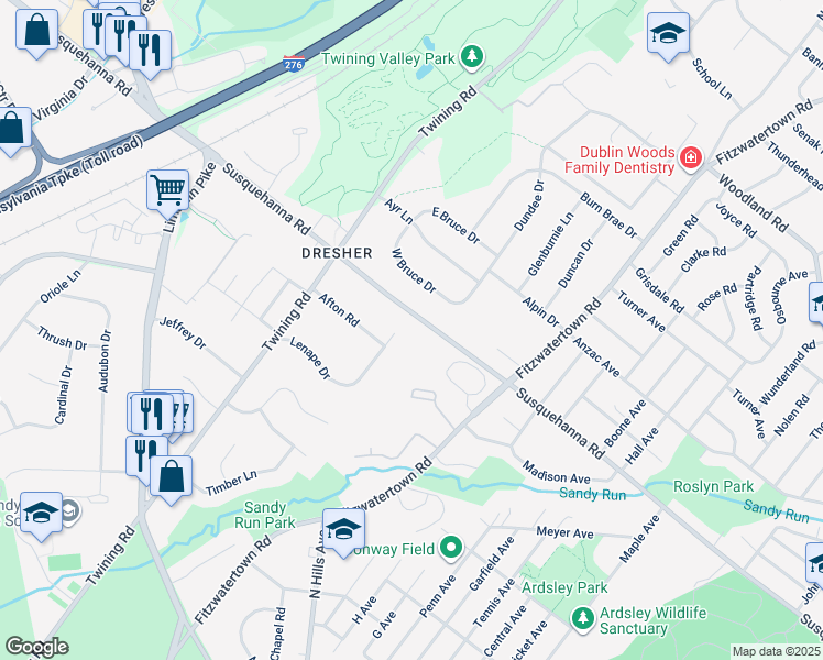 map of restaurants, bars, coffee shops, grocery stores, and more near 3208 Lenape Drive in Dresher