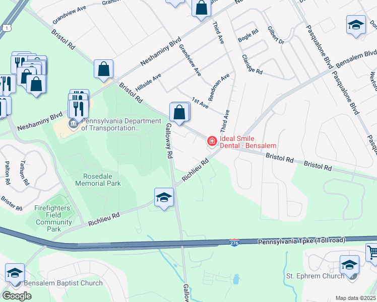 map of restaurants, bars, coffee shops, grocery stores, and more near 3228 Bristol Road in Bensalem