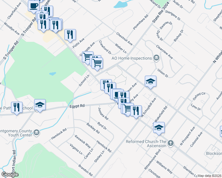 map of restaurants, bars, coffee shops, grocery stores, and more near 2041 West Main Street in Eagleville