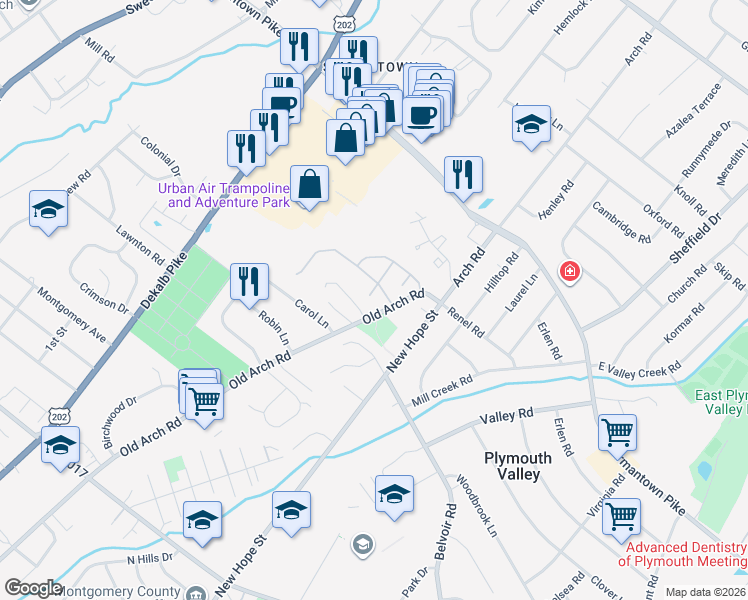map of restaurants, bars, coffee shops, grocery stores, and more near 2400 Vincent Way in Norristown