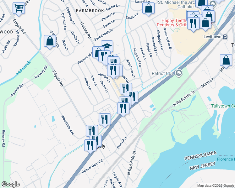map of restaurants, bars, coffee shops, grocery stores, and more near 14 Jonquil Lane in Levittown