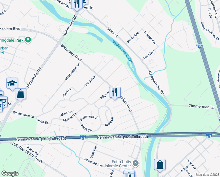 map of restaurants, bars, coffee shops, grocery stores, and more near 1512 Bensalem Boulevard in Bucks County