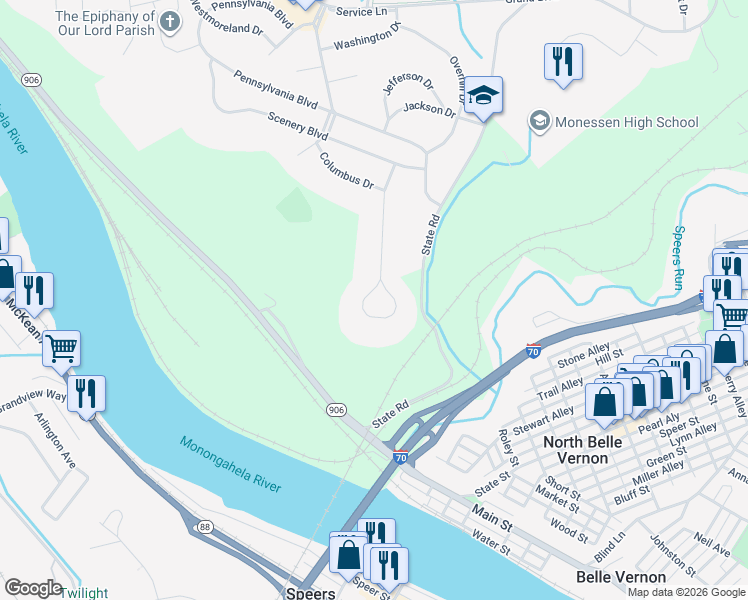 map of restaurants, bars, coffee shops, grocery stores, and more near 88 Pacific Boulevard in Monessen