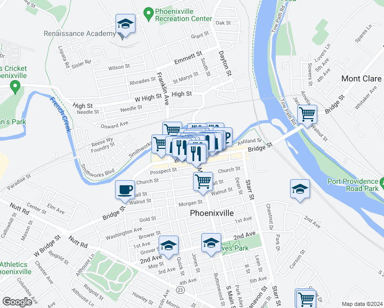 map of restaurants, bars, coffee shops, grocery stores, and more near 205 Bridge Street in Phoenixville
