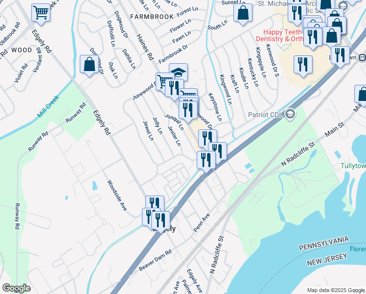 map of restaurants, bars, coffee shops, grocery stores, and more near 18 Jester Lane in Levittown