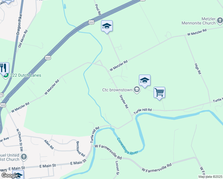 map of restaurants, bars, coffee shops, grocery stores, and more near 1 Snyder Lane in Ephrata